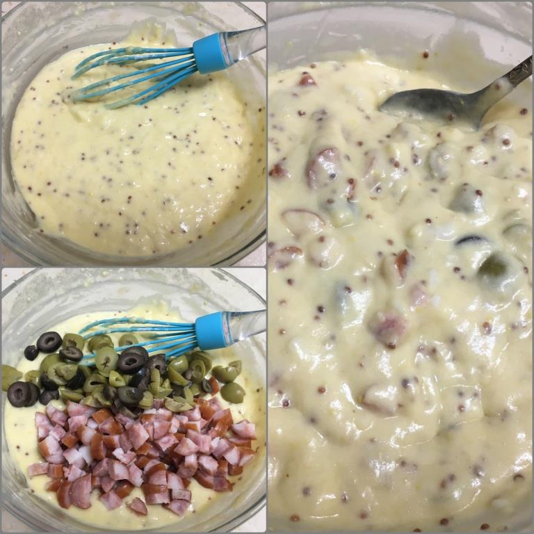 Закусочный кекс с колбасками и оливками